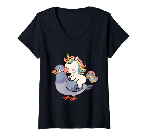 Damen Einhorn reitet eine Taube Jungen Mädchen Männer Frauen Kinder Erwachsene T-Shirt mit V-Ausschnitt von Funny Unicorn Riding A Pigeon Rainbow Shop