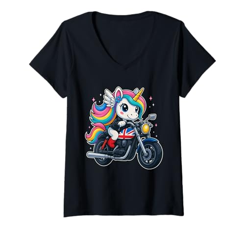 Damen Unicorn Riding UK Motorrad Jungen Mädchen Männer Frauen Kinder Teenager T-Shirt mit V-Ausschnitt von Funny Unicorn Riding UK Motorcycle Rainbow Shop