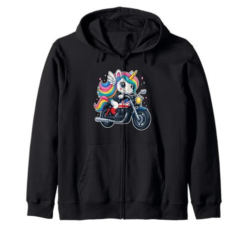 Unicorn Riding UK Motorrad Jungen Mädchen Männer Frauen Kinder Teenager Kapuzenjacke von Funny Unicorn Riding UK Motorcycle Rainbow Shop