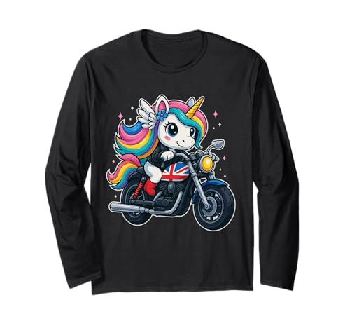 Unicorn Riding UK Motorrad Jungen Mädchen Männer Frauen Kinder Teenager Langarmshirt von Funny Unicorn Riding UK Motorcycle Rainbow Shop