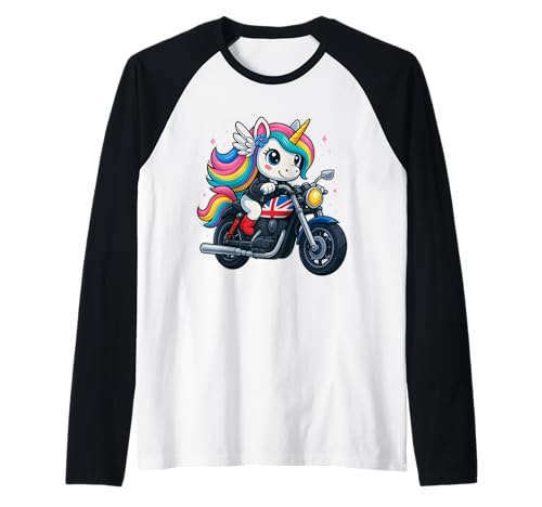 Unicorn Riding UK Motorrad Jungen Mädchen Männer Frauen Kinder Teenager Raglan von Funny Unicorn Riding UK Motorcycle Rainbow Shop