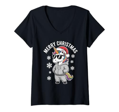 Damen Weihnachtsmütze Einhorn T-Shirt mit V-Ausschnitt Damen Weihnachtsmütze Einhorn T-Shirt mit V-Ausschnitt von Funny Unicorn Santa Christmas Style