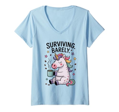 Damen Lustiges Einhorn überlebt kaum Kaffeeliebhaber für Frauen Männer T-Shirt mit V-Ausschnitt Damen Lustiges Einhorn überlebt kaum Kaffeeliebhaber für Frauen Männer T-Shirt mit V-Ausschnitt von Funny Unicorn Surviving Barely For Kids Women Men