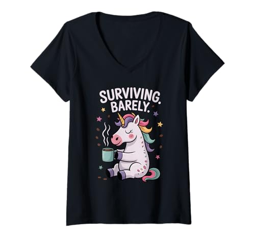 Damen Lustiges Einhorn überlebt kaum Kaffeeliebhaber für Frauen Männer T-Shirt mit V-Ausschnitt Damen Lustiges Einhorn überlebt kaum Kaffeeliebhaber für Frauen Männer T-Shirt mit V-Ausschnitt von Funny Unicorn Surviving Barely For Kids Women Men