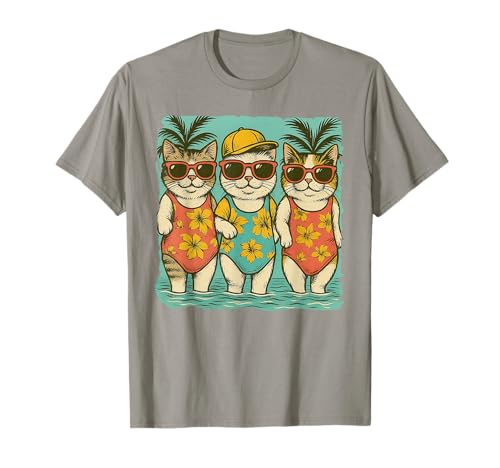 Vintage Badeanzug Katze Lustig Sommer Urlaub Mädchen Strandausflug T-Shirt von Funny Vacation Mode Beach Vacation Summer Trip Tee