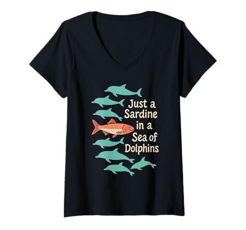 Damen Strand-T-Shirt im Retro-Stil mit Sardinenmotiv aus Zinnfisch an der Küste T-Shirt mit V-Ausschnitt Damen Strand-T-Shirt im Retro-Stil mit Sardinenmotiv aus Zinnfisch an der Küste T-Shirt mit V-Ausschnitt von Funny Vacation Quirky Fish Mediterranean Sea Print