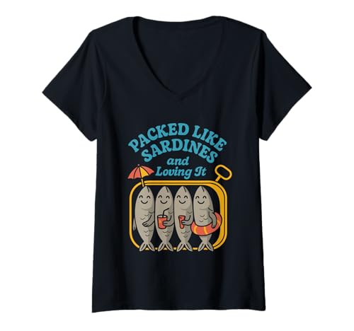 Damen Strand-T-Shirt im Retro-Stil mit Sardinenmotiv aus Zinnfisch an der Küste T-Shirt mit V-Ausschnitt Damen Strand-T-Shirt im Retro-Stil mit Sardinenmotiv aus Zinnfisch an der Küste T-Shirt mit V-Ausschnitt von Funny Vacation Quirky Fish Mediterranean Sea Print