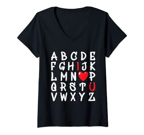 Damen Alphabet ABC I Love You lustiges Valentinstag-Herz T-Shirt mit V-Ausschnitt von Funny Valentines Day Men Women Kids Gifts Store