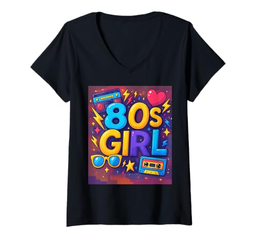 Damen 80er Jahre Girl Fun Retro Classic Throwback 80er Jahre Vibes T-Shirt mit V-Ausschnitt Damen 80er Jahre Girl Fun Retro Classic Throwback 80er Jahre Vibes T-Shirt mit V-Ausschnitt von Funny Van Gogh Inspired T-Rex Graphic