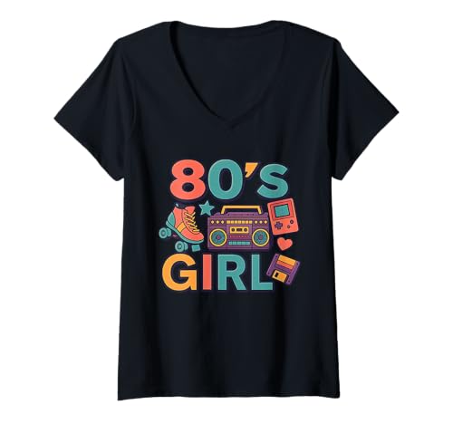 Damen 80er Jahre Mädchen Cool Retro Throwback 80er Jahre Fun Memories Vibe T-Shirt mit V-Ausschnitt von Funny Van Gogh Inspired T-Rex Graphic
