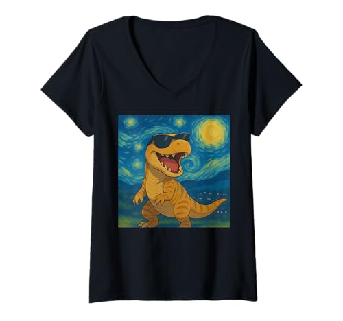 Damen Brüllender Dinosaurier in Sonnenbrille Van Gogh Style Design T-Shirt mit V-Ausschnitt von Funny Van Gogh Inspired T-Rex Graphic