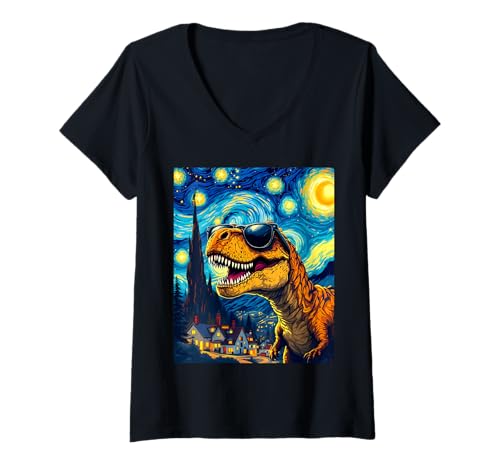 Damen Brüllender T-Rex in den Farben Sternennacht, Van-Gogh-Kunst T-Shirt mit V-Ausschnitt Damen Brüllender T-Rex in den Farben Sternennacht, Van-Gogh-Kunst T-Shirt mit V-Ausschnitt von Funny Van Gogh Inspired T-Rex Graphic
