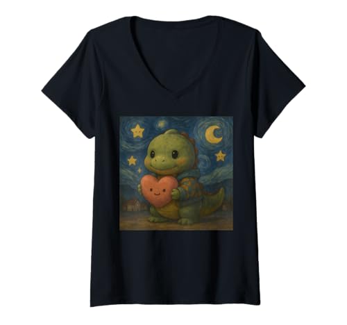 Damen Charmantes T-Rex mit Herz Van Gogh Stil Kunstwerk T-Shirt mit V-Ausschnitt Damen Charmantes T-Rex mit Herz Van Gogh Stil Kunstwerk T-Shirt mit V-Ausschnitt von Funny Van Gogh Inspired T-Rex Graphic