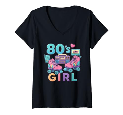 Damen Cool 80s Girl Down Memory Lanes Throwback 80s Vibe T-Shirt mit V-Ausschnitt Damen Cool 80s Girl Down Memory Lanes Throwback 80s Vibe T-Shirt mit V-Ausschnitt von Funny Van Gogh Inspired T-Rex Graphic