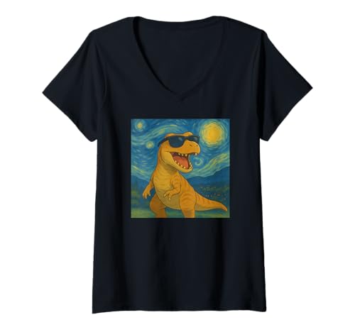 Damen Coole T-Rex Roaring Starry Night Van Gogh Illustration T-Shirt mit V-Ausschnitt Damen Coole T-Rex Roaring Starry Night Van Gogh Illustration T-Shirt mit V-Ausschnitt von Funny Van Gogh Inspired T-Rex Graphic