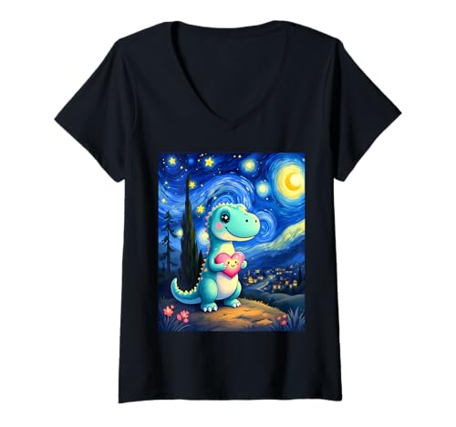 Damen Entzückender T-Rex mit Herz Van Gogh Sternennacht Kunst T-Shirt mit V-Ausschnitt Damen Entzückender T-Rex mit Herz Van Gogh Sternennacht Kunst T-Shirt mit V-Ausschnitt von Funny Van Gogh Inspired T-Rex Graphic