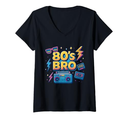Damen Fun Times with 80s Bro Retro-Illustration im Retro-Look T-Shirt mit V-Ausschnitt Damen Fun Times with 80s Bro Retro-Illustration im Retro-Look T-Shirt mit V-Ausschnitt von Funny Van Gogh Inspired T-Rex Graphic