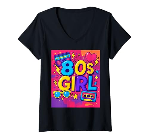 Damen Klassische 80er-Jahre-Mädchen-Trowback Memories 80's Vibes T-Shirt mit V-Ausschnitt Damen Klassische 80er-Jahre-Mädchen-Trowback Memories 80's Vibes T-Shirt mit V-Ausschnitt von Funny Van Gogh Inspired T-Rex Graphic