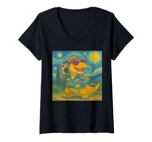 Damen Lustiger T-Rex mit Boombox Van Gogh Sternennacht Kunst T-Shirt mit V-Ausschnitt Damen Lustiger T-Rex mit Boombox Van Gogh Sternennacht Kunst T-Shirt mit V-Ausschnitt von Funny Van Gogh Inspired T-Rex Graphic