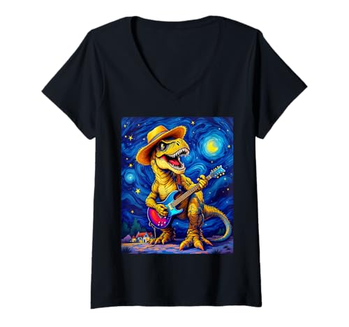 Damen Lustiger T-Rex mit Gitarre "Sternennacht" T-Shirt mit V-Ausschnitt Damen Lustiger T-Rex mit Gitarre "Sternennacht" T-Shirt mit V-Ausschnitt von Funny Van Gogh Inspired T-Rex Graphic