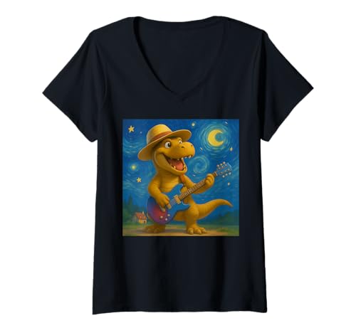 Damen Lustiger T-Rex mit Gitarre "Sternennacht" T-Shirt mit V-Ausschnitt von Funny Van Gogh Inspired T-Rex Graphic