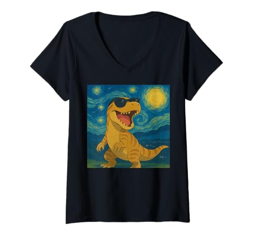Damen Lustiger brüllender T-Rex mit Sonnenbrille Sternennacht Kunst T-Shirt mit V-Ausschnitt von Funny Van Gogh Inspired T-Rex Graphic