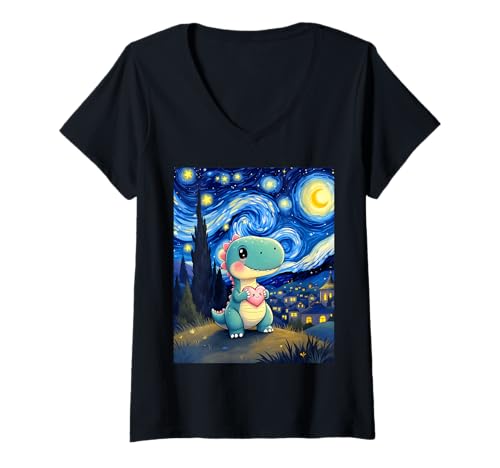 Damen Lustiges T-Rex mit Herz im Van Gogh-Stil T-Shirt mit V-Ausschnitt Damen Lustiges T-Rex mit Herz im Van Gogh-Stil T-Shirt mit V-Ausschnitt von Funny Van Gogh Inspired T-Rex Graphic