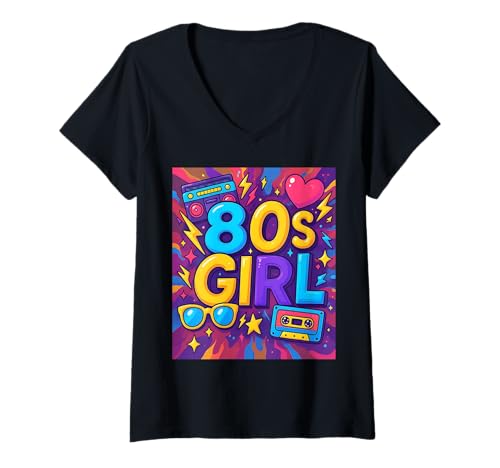 Damen Old School 80er Jahre Girl Cool Retro Throwback 80's Vibes T-Shirt mit V-Ausschnitt Damen Old School 80er Jahre Girl Cool Retro Throwback 80's Vibes T-Shirt mit V-Ausschnitt von Funny Van Gogh Inspired T-Rex Graphic