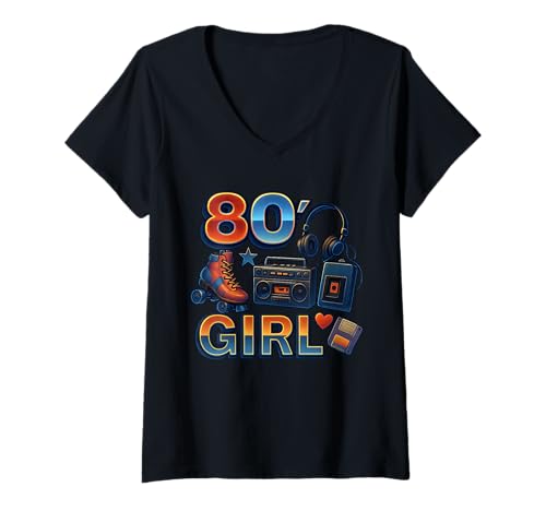 Damen Old School 80er Jahre Girl Fun Times Throwback 80er Jahre Vibe T-Shirt mit V-Ausschnitt Damen Old School 80er Jahre Girl Fun Times Throwback 80er Jahre Vibe T-Shirt mit V-Ausschnitt von Funny Van Gogh Inspired T-Rex Graphic
