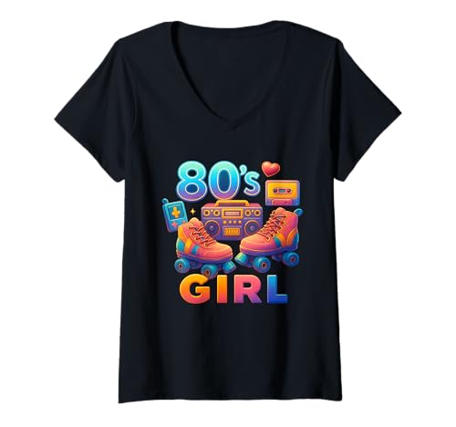 Damen Retro 80er Jahre Girl Bold Throwback 80's Vibes Memories T-Shirt mit V-Ausschnitt Damen Retro 80er Jahre Girl Bold Throwback 80's Vibes Memories T-Shirt mit V-Ausschnitt von Funny Van Gogh Inspired T-Rex Graphic