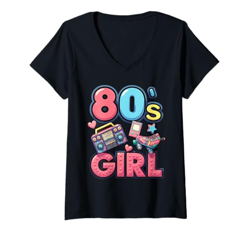 Damen Retro 80er Jahre Girl Down Memory Lanes Throwback 80er Jahre Vibe T-Shirt mit V-Ausschnitt Damen Retro 80er Jahre Girl Down Memory Lanes Throwback 80er Jahre Vibe T-Shirt mit V-Ausschnitt von Funny Van Gogh Inspired T-Rex Graphic