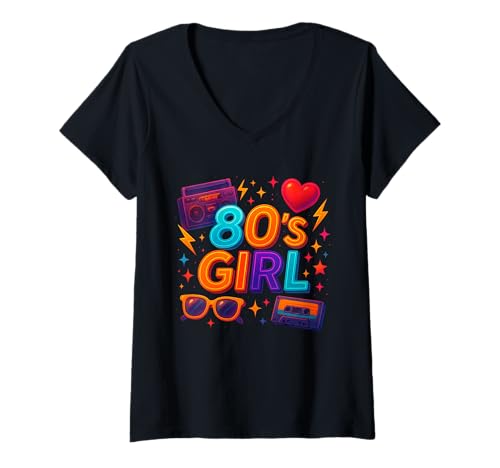 Damen Retro 80er Jahre Mädchen Classic Old School Throwback 80er Jahre Vibe T-Shirt mit V-Ausschnitt von Funny Van Gogh Inspired T-Rex Graphic