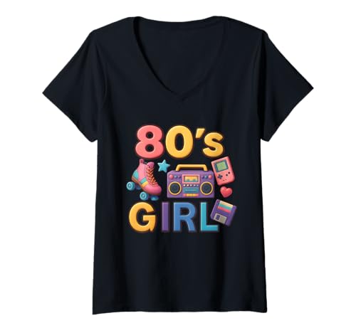 Damen Retro 80er Jahre Mädchen Old School Girl Throwback 80er Jahre Vibe T-Shirt mit V-Ausschnitt Damen Retro 80er Jahre Mädchen Old School Girl Throwback 80er Jahre Vibe T-Shirt mit V-Ausschnitt von Funny Van Gogh Inspired T-Rex Graphic