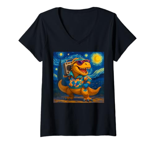 Damen Retro 80er Jahre T-Rex Roaring Boombox Sternennacht Design T-Shirt mit V-Ausschnitt Damen Retro 80er Jahre T-Rex Roaring Boombox Sternennacht Design T-Shirt mit V-Ausschnitt von Funny Van Gogh Inspired T-Rex Graphic