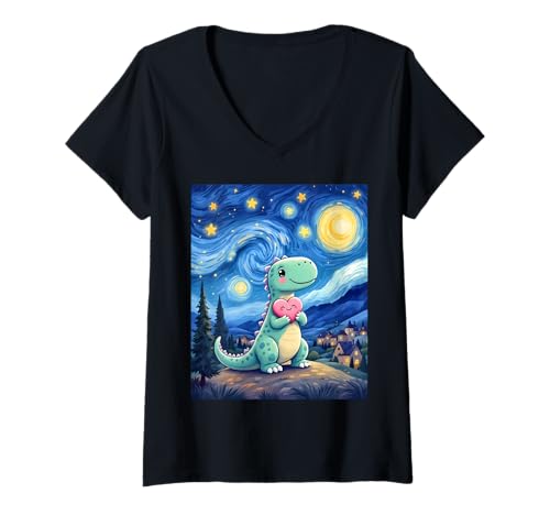 Damen Retro T-Rex mit Herz Van Gogh Sternennacht Kunst T-Shirt mit V-Ausschnitt Damen Retro T-Rex mit Herz Van Gogh Sternennacht Kunst T-Shirt mit V-Ausschnitt von Funny Van Gogh Inspired T-Rex Graphic