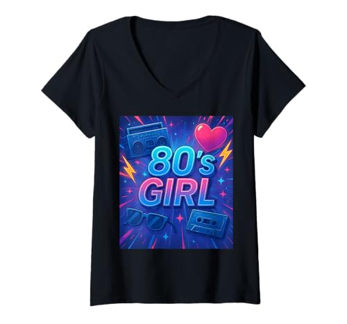 Damen Retro Vibes 80er Jahre Girl Cool Throwback Fun Memories T-Shirt mit V-Ausschnitt Damen Retro Vibes 80er Jahre Girl Cool Throwback Fun Memories T-Shirt mit V-Ausschnitt von Funny Van Gogh Inspired T-Rex Graphic