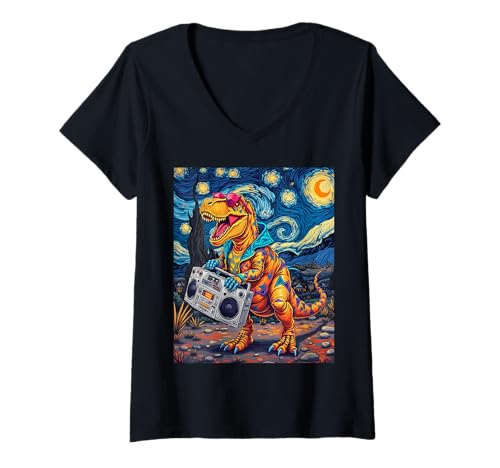 Damen Roaring T-Rex Holding Boombox Retro Sternennacht T-Shirt mit V-Ausschnitt Damen Roaring T-Rex Holding Boombox Retro Sternennacht T-Shirt mit V-Ausschnitt von Funny Van Gogh Inspired T-Rex Graphic