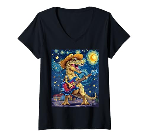 Damen Roaring T-Rex Van Gogh Starry Night Gitarre Grafik T-Shirt mit V-Ausschnitt Damen Roaring T-Rex Van Gogh Starry Night Gitarre Grafik T-Shirt mit V-Ausschnitt von Funny Van Gogh Inspired T-Rex Graphic