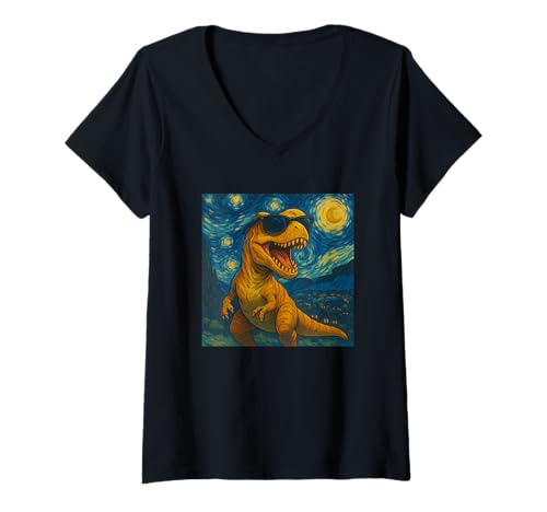 Damen Sonnenbrille T-Rex Roaring Van Gogh Style Artwork T-Shirt mit V-Ausschnitt von Funny Van Gogh Inspired T-Rex Graphic