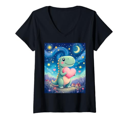 Damen Süßer T-Rex mit Herz und Van Gogh Sternennacht T-Shirt mit V-Ausschnitt Damen Süßer T-Rex mit Herz und Van Gogh Sternennacht T-Shirt mit V-Ausschnitt von Funny Van Gogh Inspired T-Rex Graphic