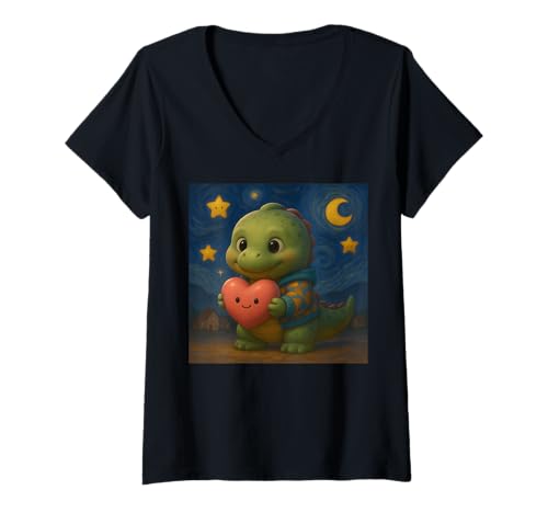 Damen T-Rex Halteherz Retro Van Gogh Sternennacht T-Shirt mit V-Ausschnitt Damen T-Rex Halteherz Retro Van Gogh Sternennacht T-Shirt mit V-Ausschnitt von Funny Van Gogh Inspired T-Rex Graphic