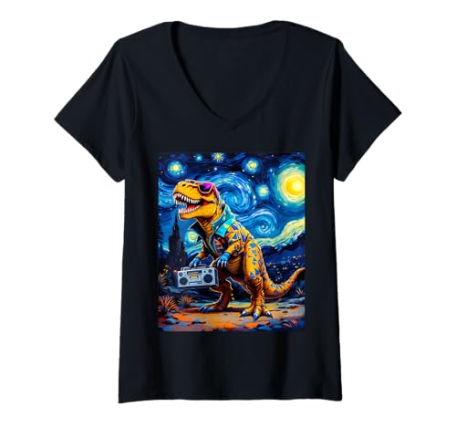 Damen T-Rex Roaring Holding Boombox Van Gogh Sternennacht T-Shirt mit V-Ausschnitt Damen T-Rex Roaring Holding Boombox Van Gogh Sternennacht T-Shirt mit V-Ausschnitt von Funny Van Gogh Inspired T-Rex Graphic