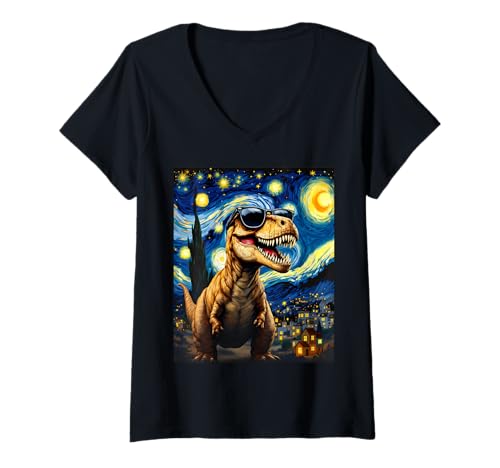 Damen T-Rex Roaring Van Gogh Sternennacht Illustration T-Shirt mit V-Ausschnitt Damen T-Rex Roaring Van Gogh Sternennacht Illustration T-Shirt mit V-Ausschnitt von Funny Van Gogh Inspired T-Rex Graphic