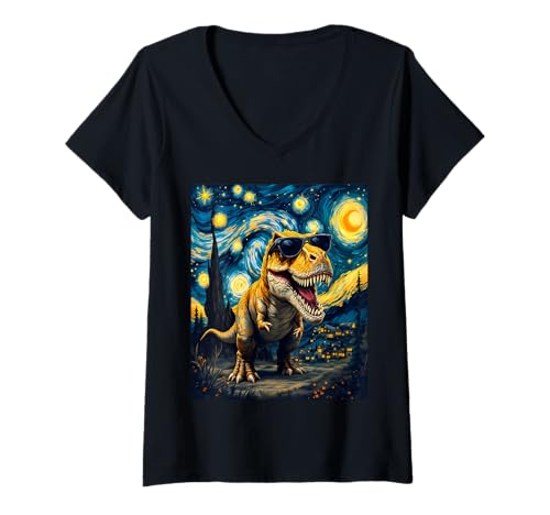 Damen T-Rex Roaring in Van Gogh Sternennacht mit Sonnenbrille T-Shirt mit V-Ausschnitt von Funny Van Gogh Inspired T-Rex Graphic