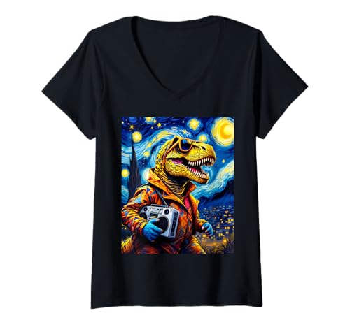 Damen T-Rex Rocking Boombox Van Gogh Sternennacht T-Shirt mit V-Ausschnitt Damen T-Rex Rocking Boombox Van Gogh Sternennacht T-Shirt mit V-Ausschnitt von Funny Van Gogh Inspired T-Rex Graphic