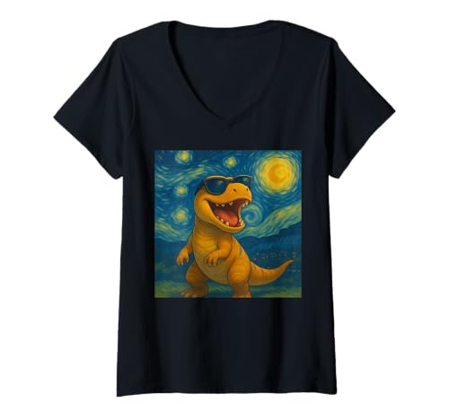 Damen T-Rex in Shades Roaring Van Gogh Sternennacht Grafik T-Shirt mit V-Ausschnitt Damen T-Rex in Shades Roaring Van Gogh Sternennacht Grafik T-Shirt mit V-Ausschnitt von Funny Van Gogh Inspired T-Rex Graphic