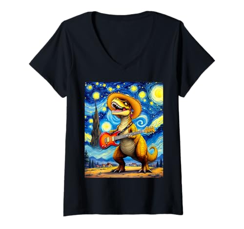 Damen T-Rex spielt Gitarre Van Gogh Starry Night Lustig T-Shirt mit V-Ausschnitt Damen T-Rex spielt Gitarre Van Gogh Starry Night Lustig T-Shirt mit V-Ausschnitt von Funny Van Gogh Inspired T-Rex Graphic