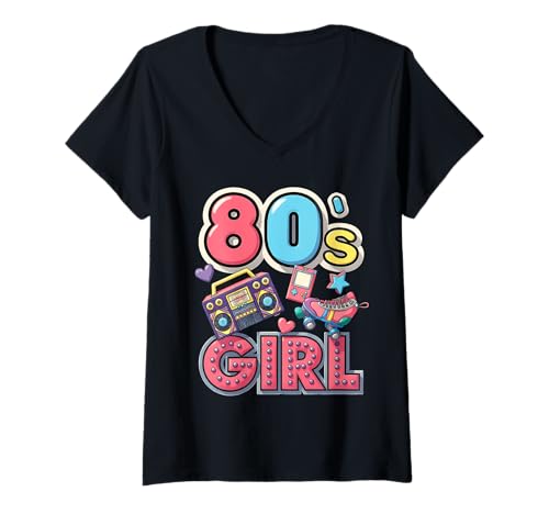Damen Throwback 80s Girl Fun Times Sweet Memories 80s 's Vibe T-Shirt mit V-Ausschnitt Damen Throwback 80s Girl Fun Times Sweet Memories 80s 's Vibe T-Shirt mit V-Ausschnitt von Funny Van Gogh Inspired T-Rex Graphic