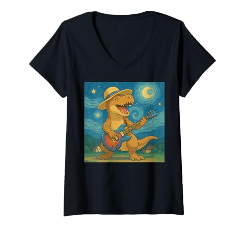Damen Van Gogh Starry Night Roaring T-Rex mit Gitarre T-Shirt mit V-Ausschnitt Damen Van Gogh Starry Night Roaring T-Rex mit Gitarre T-Shirt mit V-Ausschnitt von Funny Van Gogh Inspired T-Rex Graphic