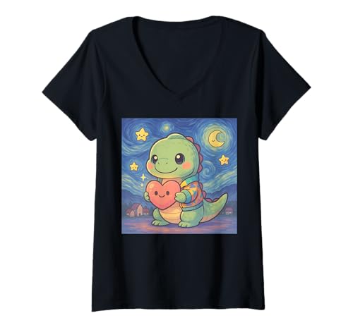 Damen Van Gogh Sternennacht Süßer T-Rex mit Herz T-Shirt mit V-Ausschnitt Damen Van Gogh Sternennacht Süßer T-Rex mit Herz T-Shirt mit V-Ausschnitt von Funny Van Gogh Inspired T-Rex Graphic